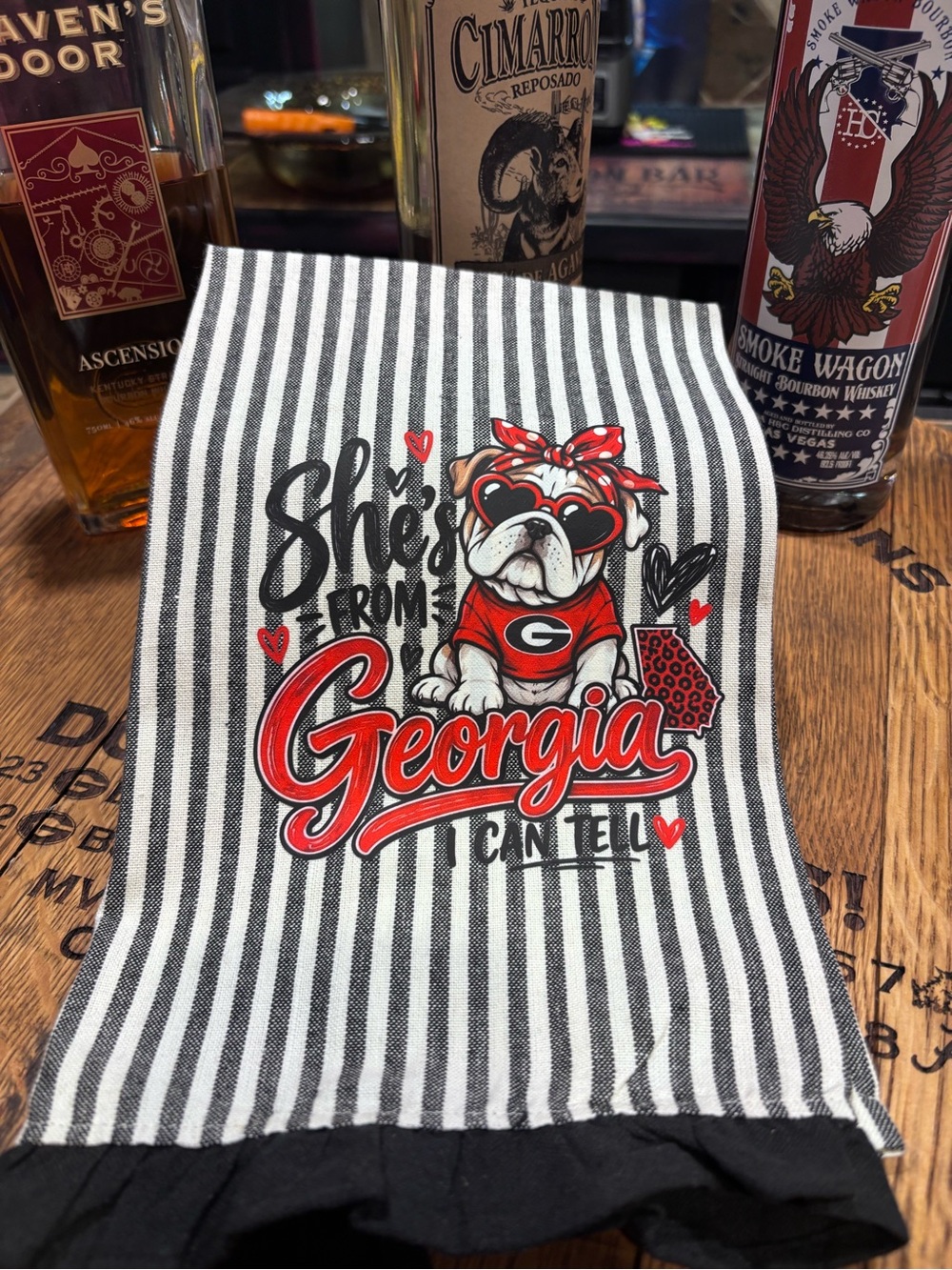 Georgia Bulldog Striped Kitchen Towel with Red Accents Tailgate Southern Gift
